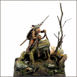 SQUARG est une figurine 54 mm de gobelin chevaucheur de grenouille sculptée par Allan CARRASCO